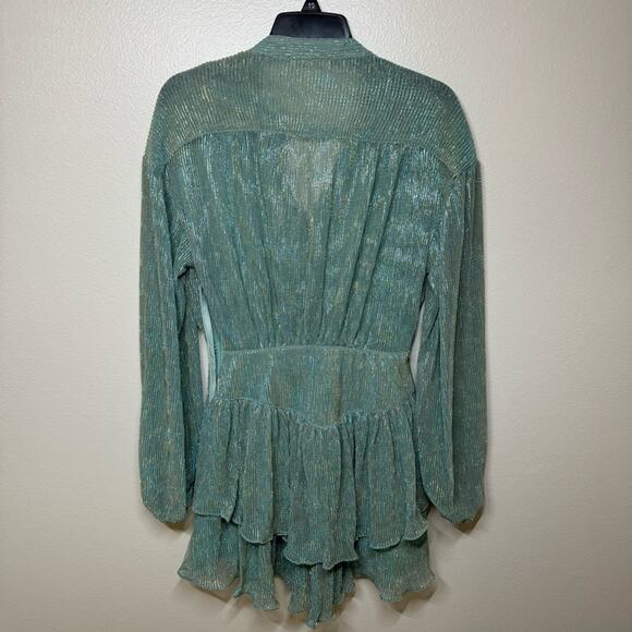 OLIVACEOUS Turquoise Metallic Long Sleeve Dress Women Size Small - Picture 5 of 6